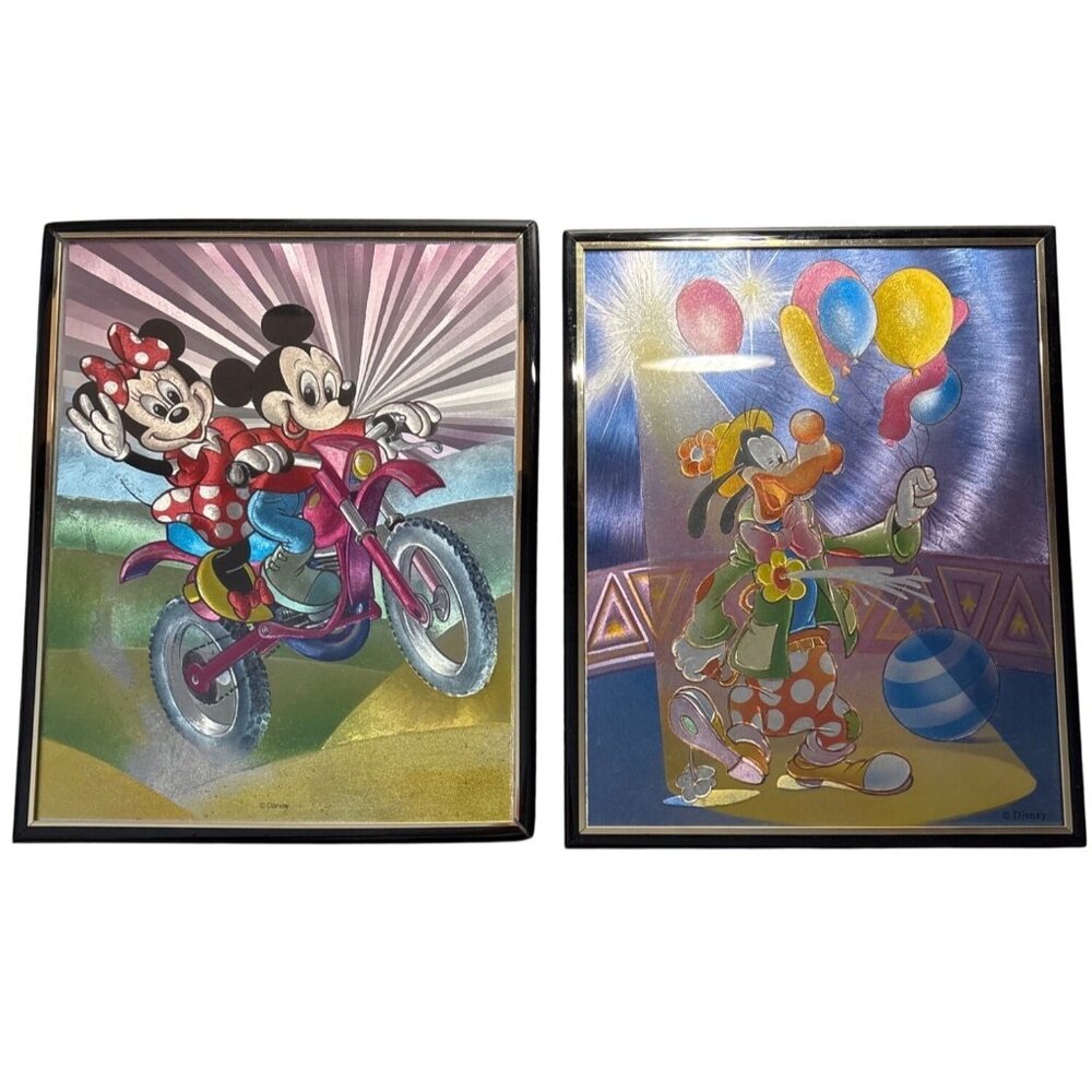 Goofy & Mickey Mouse Foil Art Prints Set Of 2 Black Frames 8 x 10" Vtg Disney